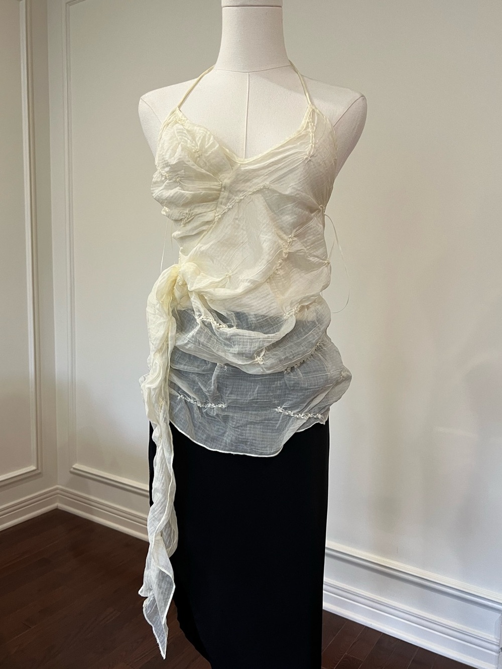 Zara Ivory Textured Halter Wrap Top Draped Ruched Asymmetric Tie Sz S
